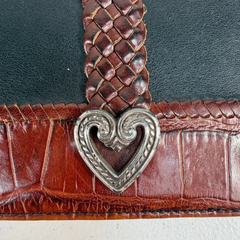 Brighton‎ OS Wallet Tri-Fold Western Heart Braided Croc Leather Black Brown Vtg